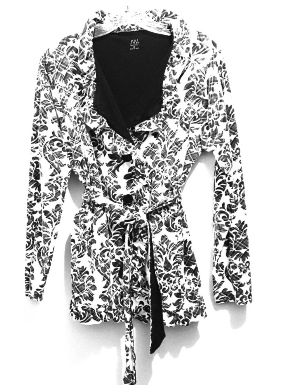 JW Style Women’s Paisley Black White Tie Button Long Sleeve Jacket